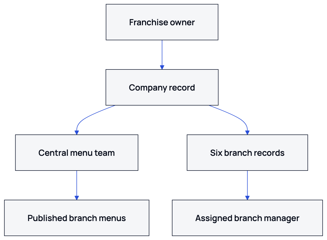 The owner reviews the company, while each manager is assigned to a branch.