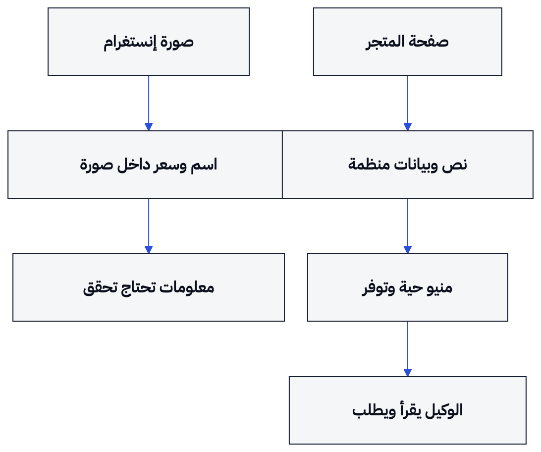 يوضح المسار الفرق بين صورة لا تحمل حقولاً قابلة للطلب وصفحة متجر يقرأ الوكيل بياناتها ثم ينفذ الطلب.