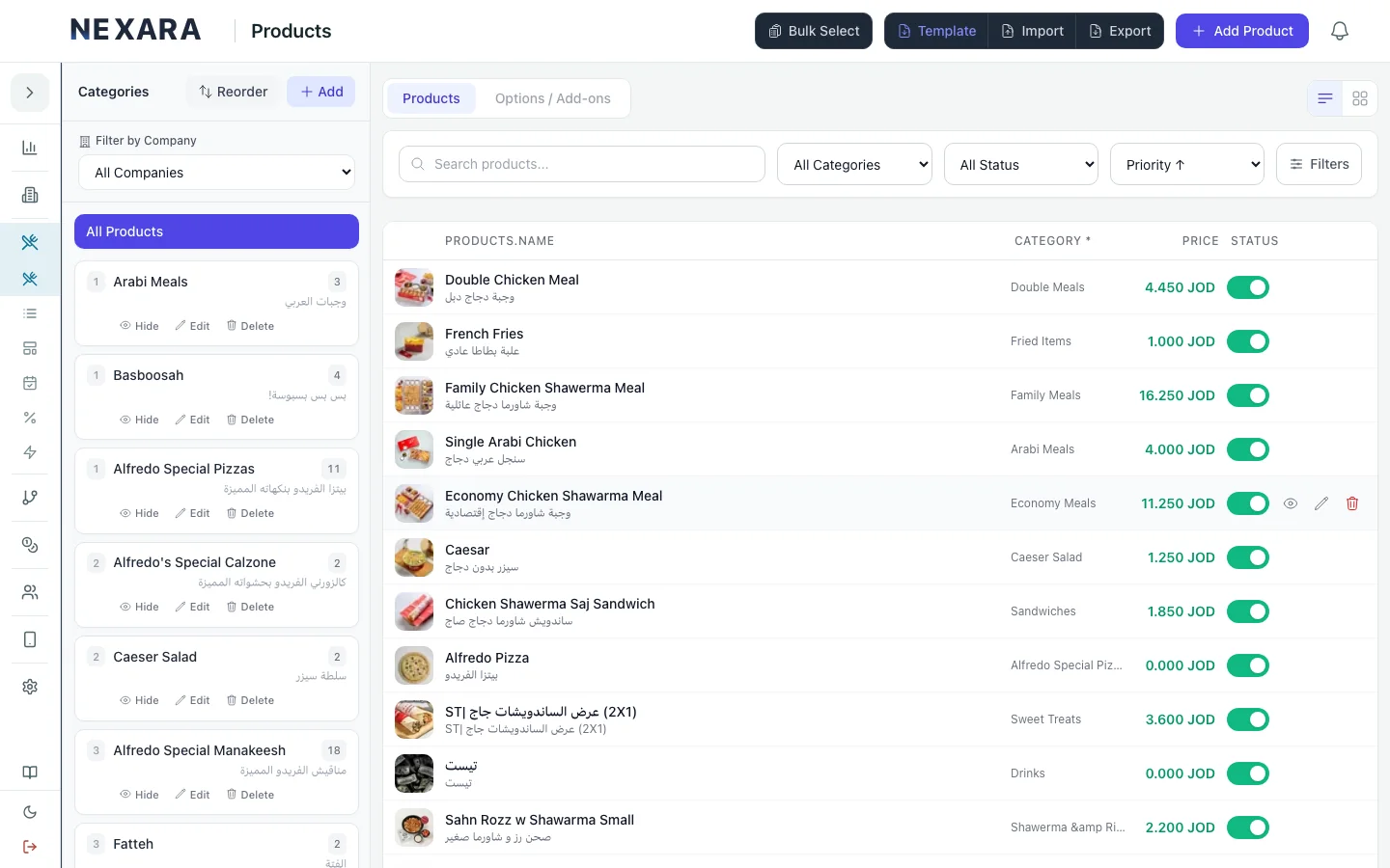 Nexara menu management with bilingual Arabic and English products, photos, and JOD prices